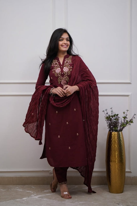 Cotton Embroidered Flower Print Straight Kurta Set for Women