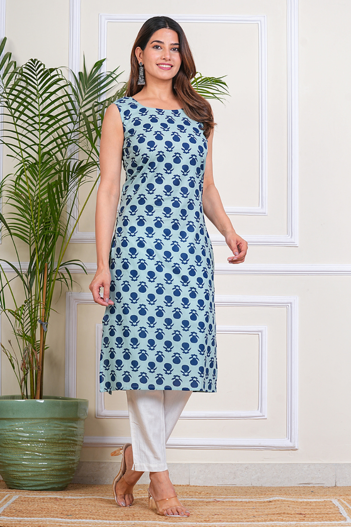Women's Cotton Printed Straight Sleeveless Kurta For Woman