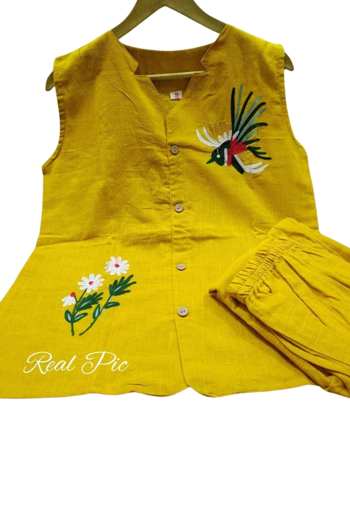 Yellow Flower Embroidered Cotton Co-Ord Set For Women