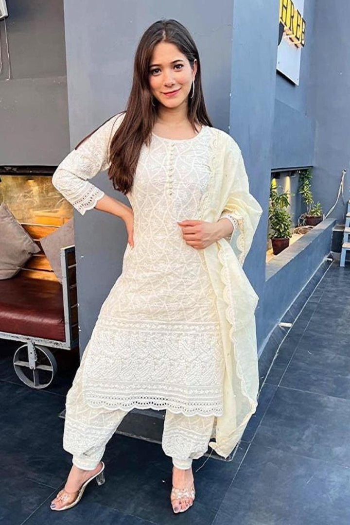 Cotton Chickankari Embroidery Straight Kurta Set for Women