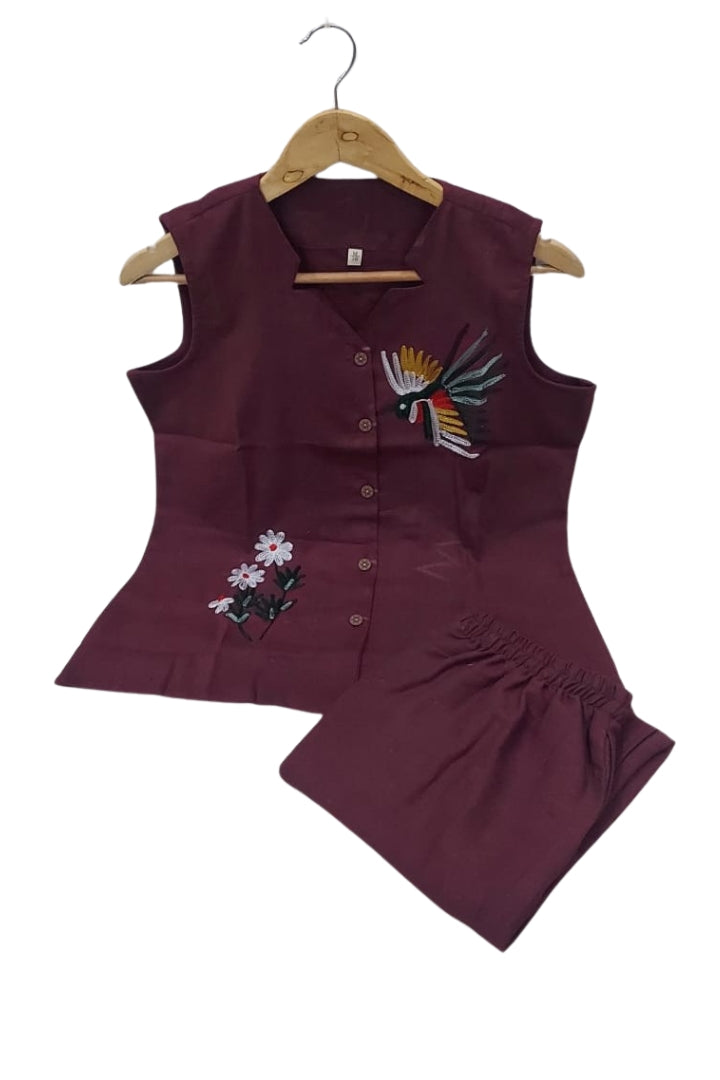 Maroon Flower Embroidered Cotton Co-Ord Set For Women