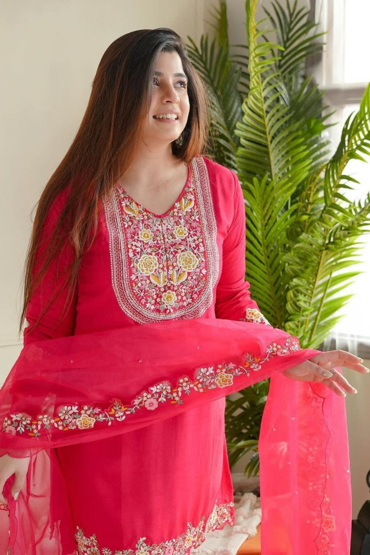 Cotton Embroidered Flower Print Straight Kurta Set for Women