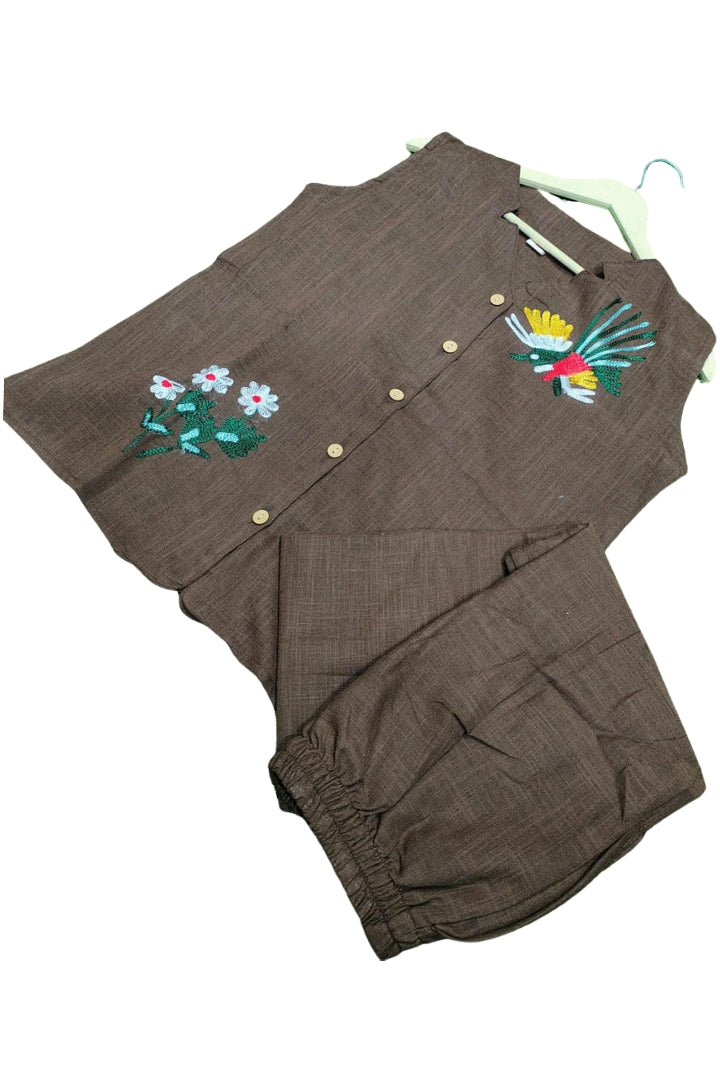 Dark Brown Flower Embroidered Cotton Co-Ord Set