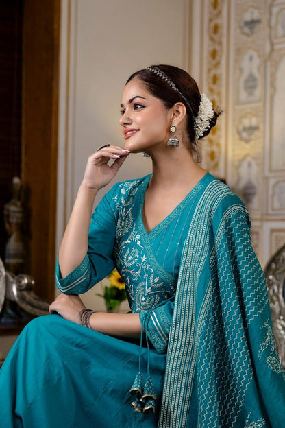 Premium Color Floral Embroidery Cotton Blue Kurta Set For Women