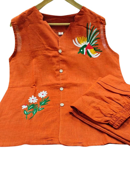Pink Flower Embroidered Cotton Co-Ord Set For Women