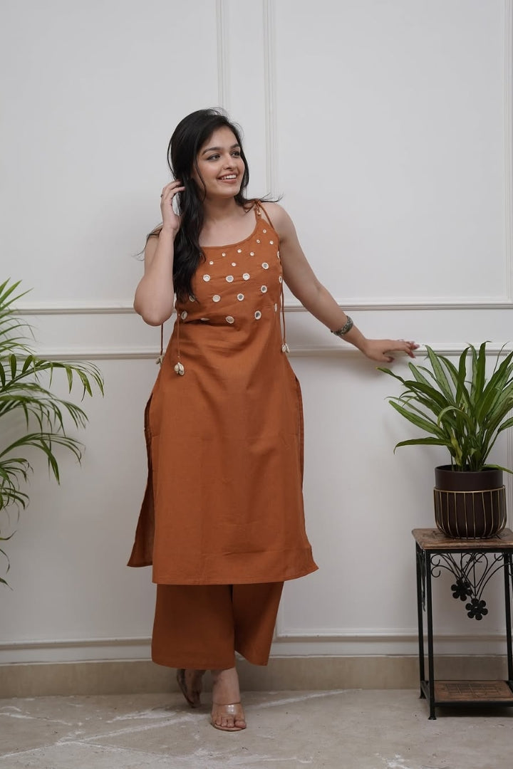 Real Mirror Work With Dori Embroidered Orange Cotton Co-Ord Set For Women