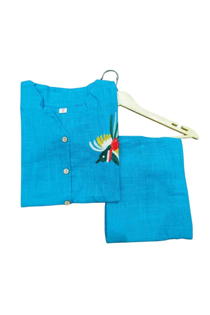 Blue Flower Embroidered Cotton Co-Ord Set For Women