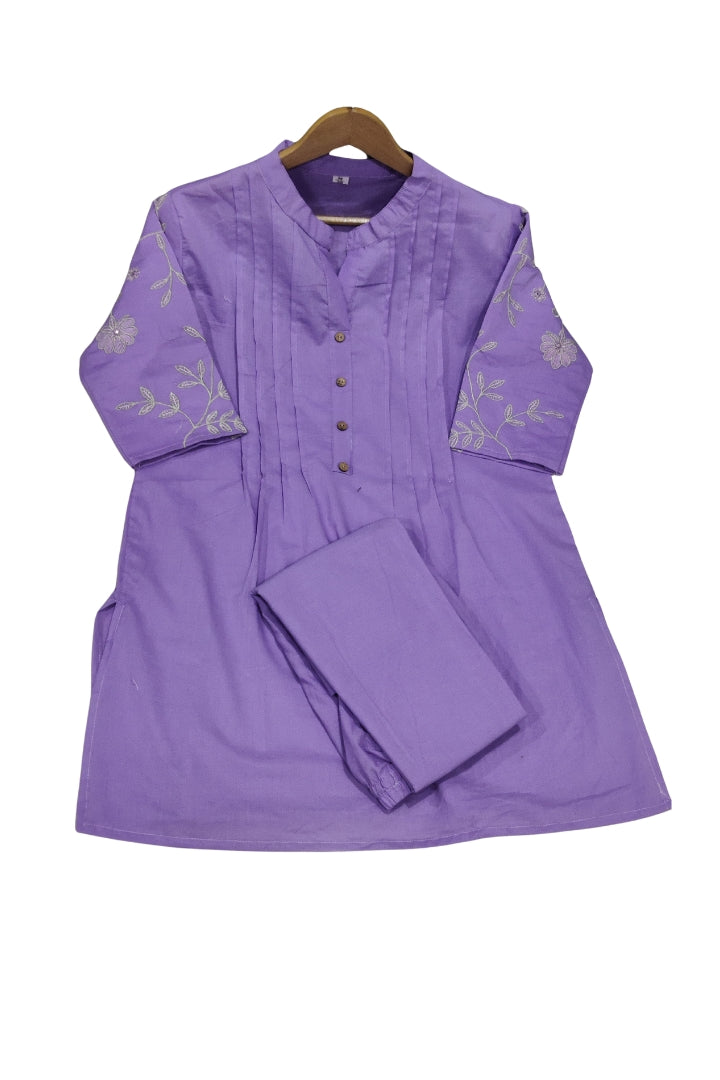 Purple Flower Embroidered Cotton Co-Ord Set For Women