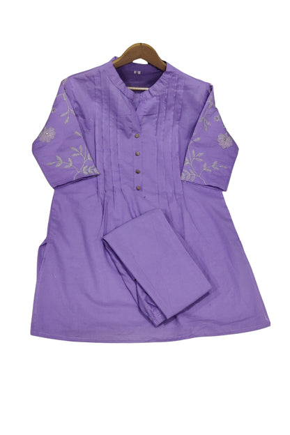 Purple Flower Embroidered Cotton Co-Ord Set For Women