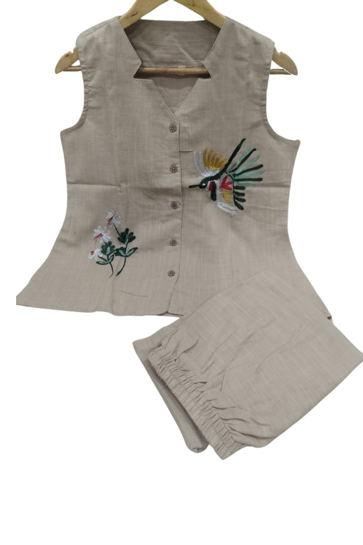 Gray Flower Embroidered Cotton Co-Ord Set For Women