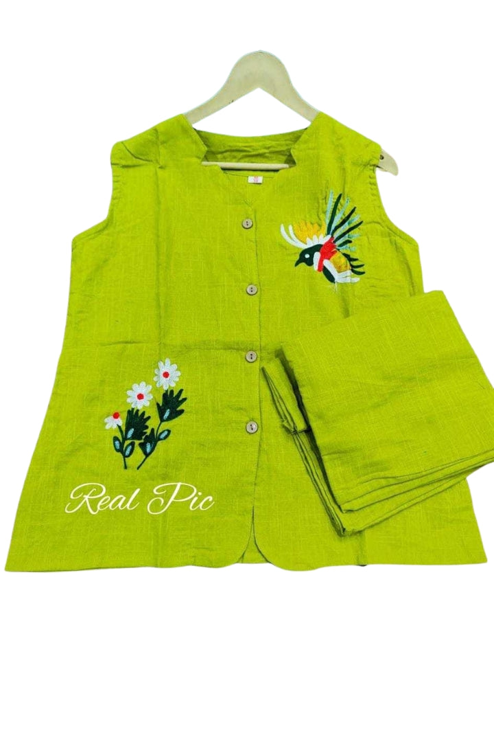 Green Flower Embroidered Cotton Co-Ord Set For Women