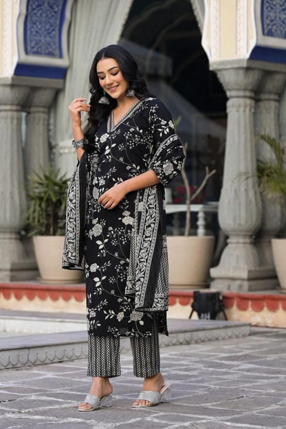 Royal Black Flower Printed Cotton Straight Kurta Set for Women
