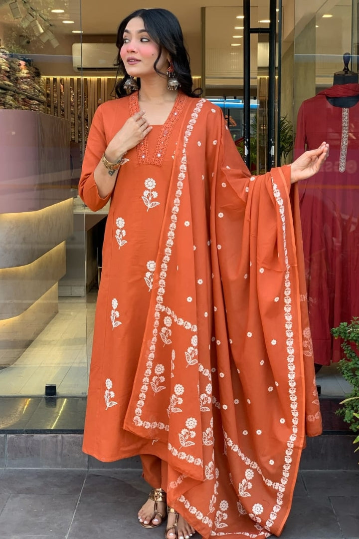 Cotton Flower Printed Straight Kurta Set for Women