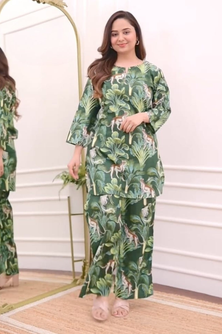 Green Floral Pattern Cotton Co-Ord Set For Women