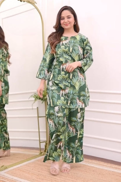 Green Floral Pattern Cotton Co-Ord Set For Women
