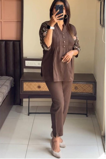 Brown Flower Embroidered Cotton Co-Ord Set For Women