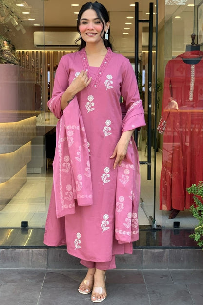 Cotton Flower Printed Straight Kurta Set for Women