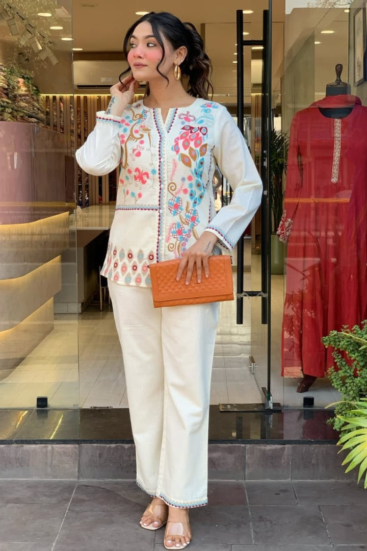 Unique Floral Embroidered Cotton White Co-Ord Set For Women
