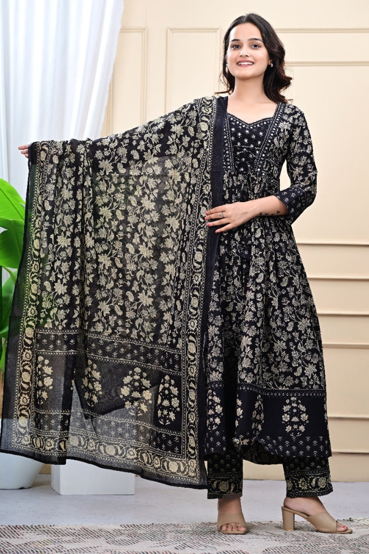 Unique Mirror Work Printed Black Kurta Set For Women