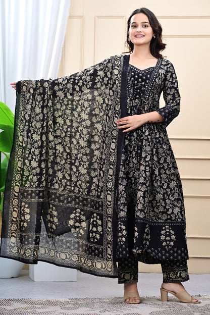 Unique Mirror Work Printed Black Kurta Set For Women