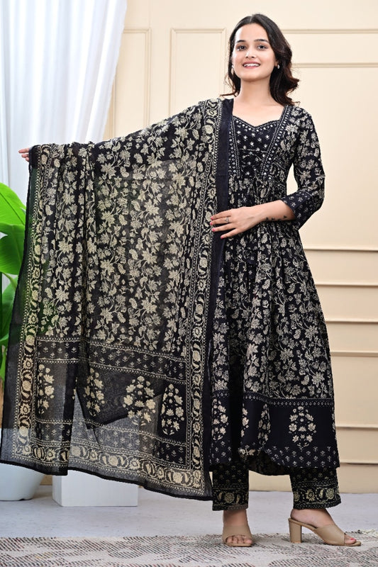 Unique Mirror Work Printed Black Kurta Set For Women