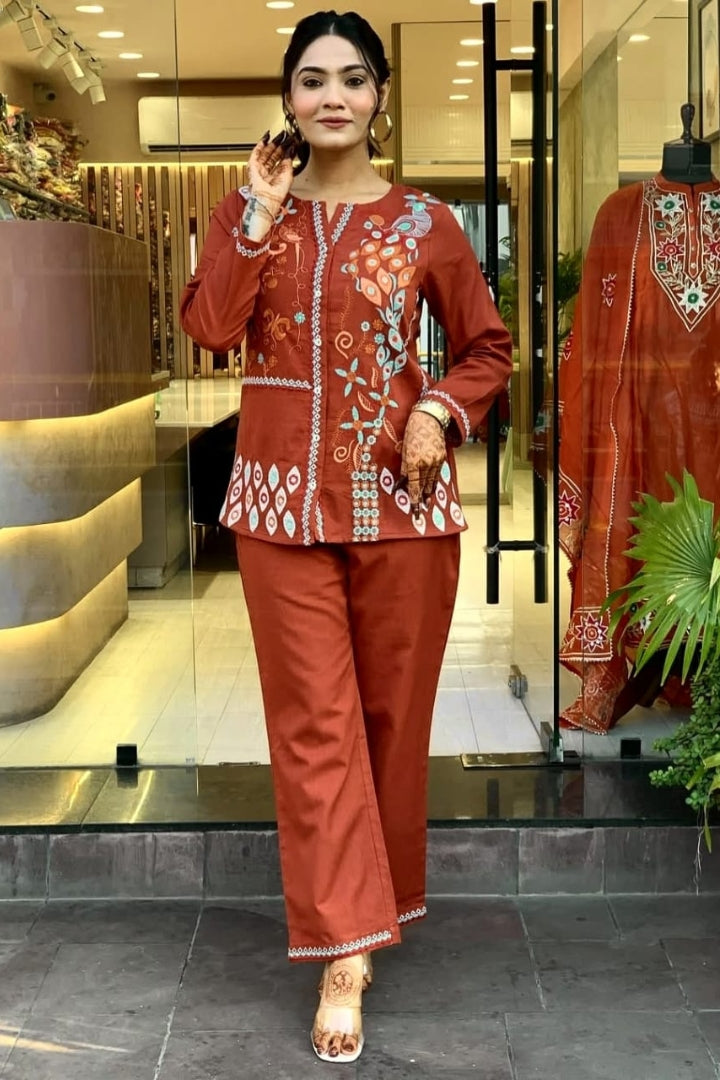 Unique Floral Embroidered Cotton Brown Co-Ord Set For Women