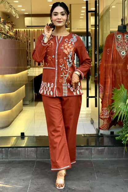 Unique Floral Embroidered Cotton Brown Co-Ord Set For Women