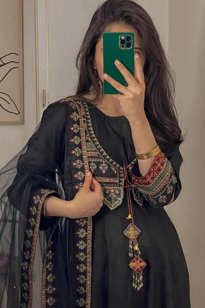 Cotton Embroidered Black Straight Kurta Set for Women