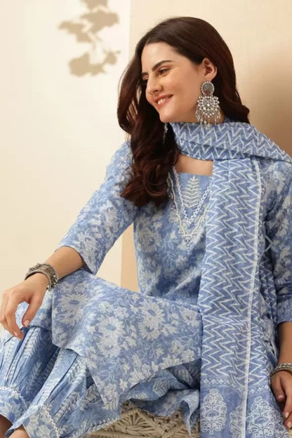 Blue Flower Printed Cotton Straight Kurta Set for Women