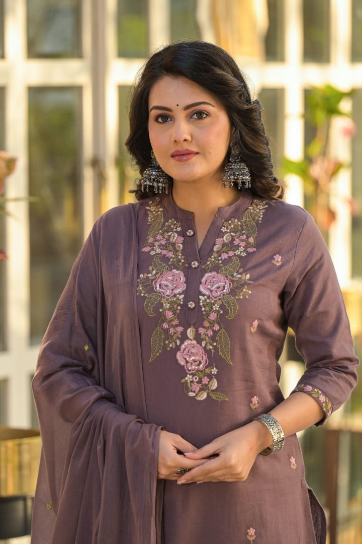 Brown Cotton Embroidered Straight Kurta Set for Women