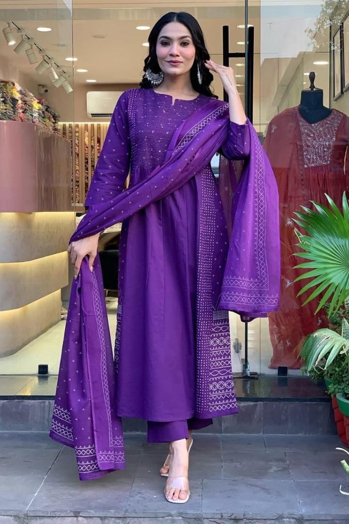 Cotton Purple Straight Kurta Set for Women