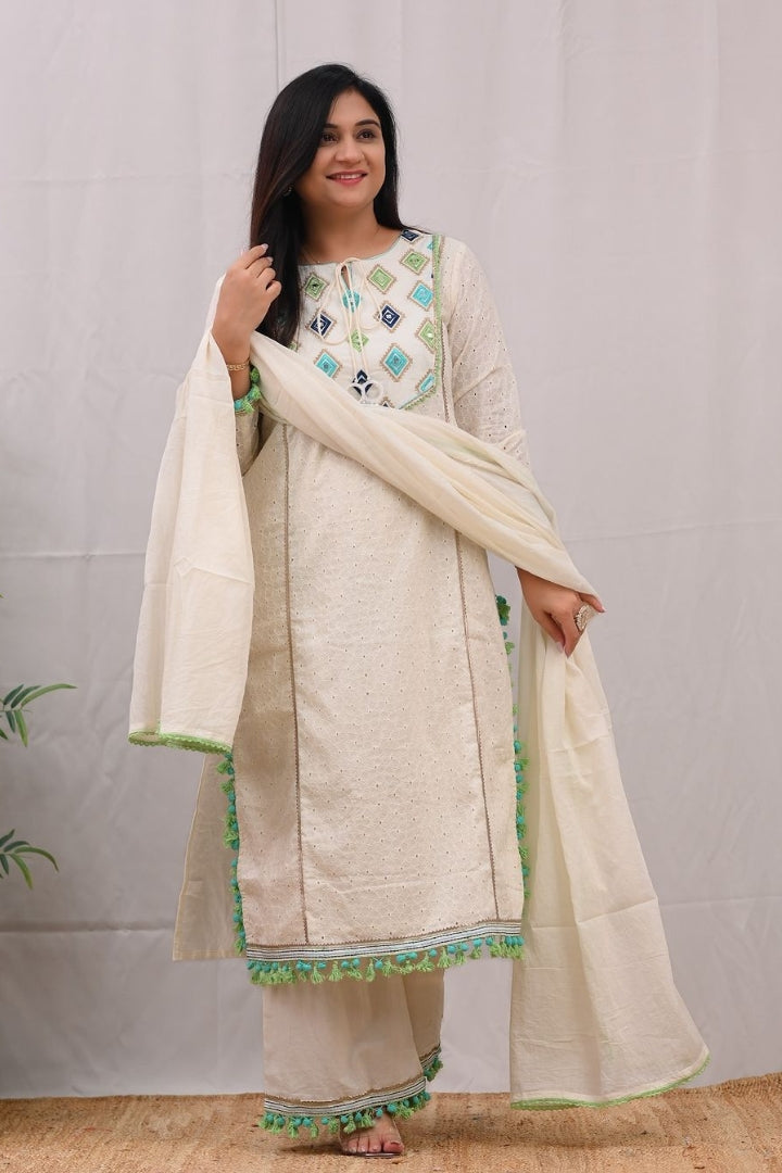 White Cotton Embroidered Straight Kurta Set for Women