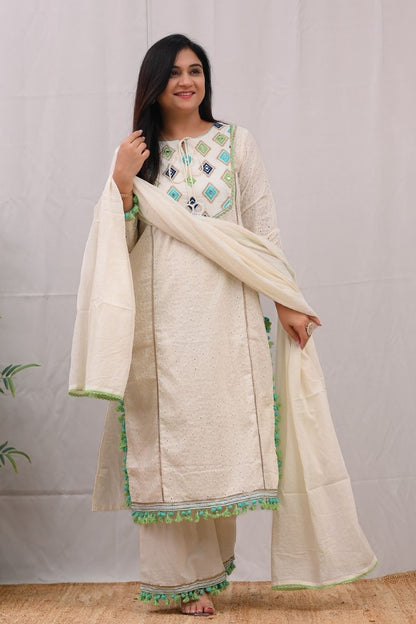 White Cotton Embroidered Straight Kurta Set for Women