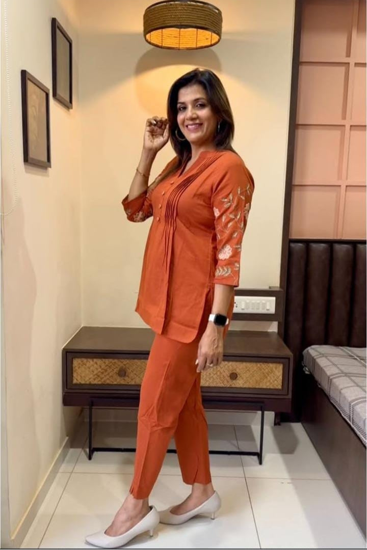Orange Flower Embroidered Cotton Co-Ord Set For Women