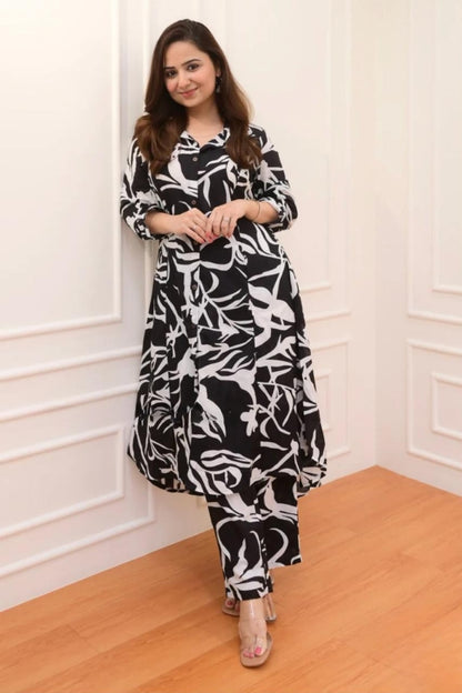 Printed Black Pattern Cotton Co-Ord Set For Women