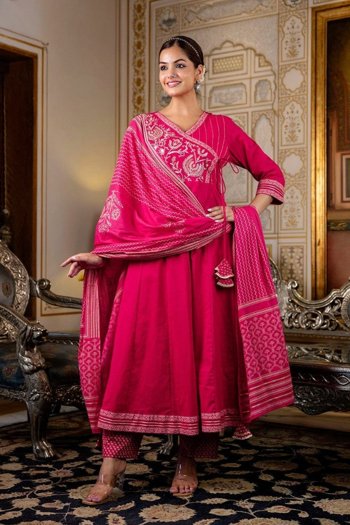 Premium Color Embroidered Cotton Pink Kurta Set For Women