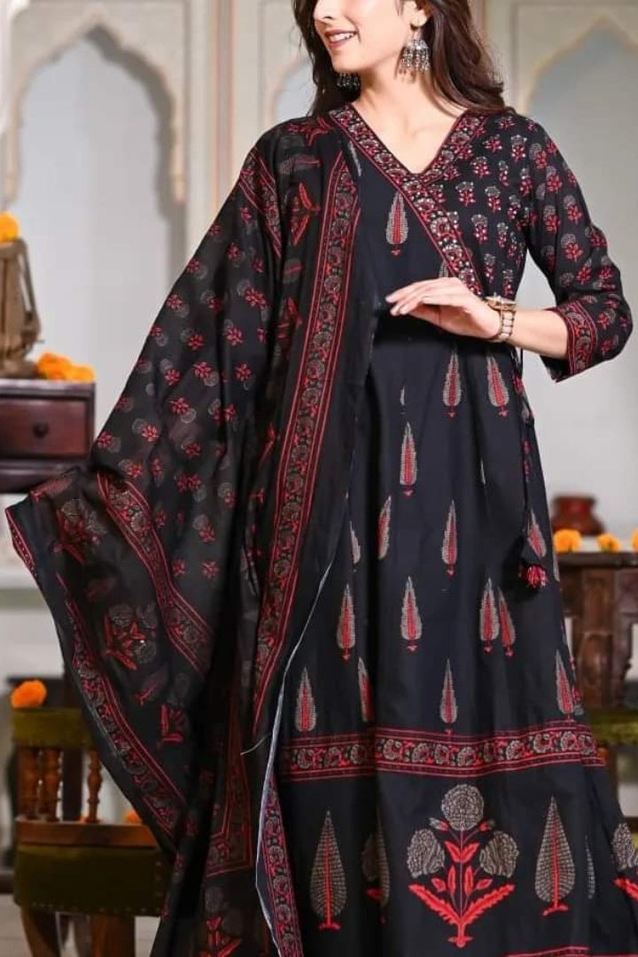 Cotton Flower Printed Straight Kurta Set for Women