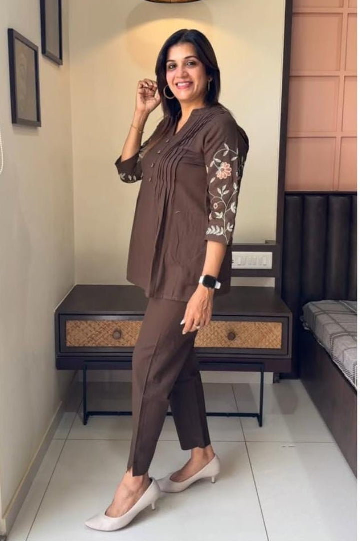 Brown Flower Embroidered Cotton Co-Ord Set For Women