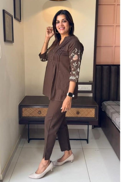 Brown Flower Embroidered Cotton Co-Ord Set For Women