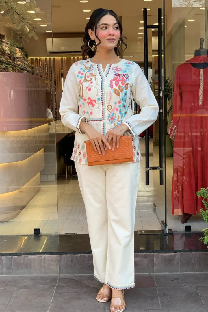 Unique Floral Embroidered Cotton White Co-Ord Set For Women