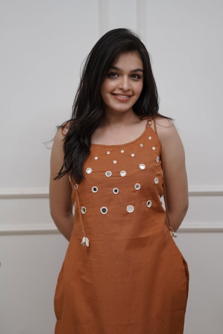 Real Mirror Work With Dori Embroidered Orange Cotton Co-Ord Set For Women