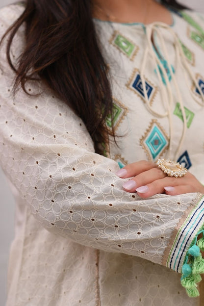 White Cotton Embroidered Straight Kurta Set for Women