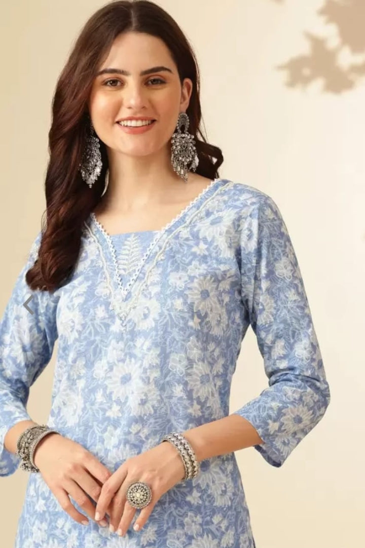 Blue Flower Printed Cotton Straight Kurta Set for Women