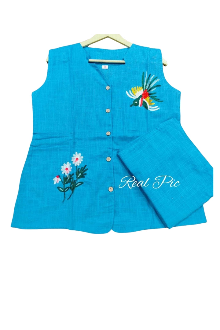 Blue Flower Embroidered Cotton Co-Ord Set For Women