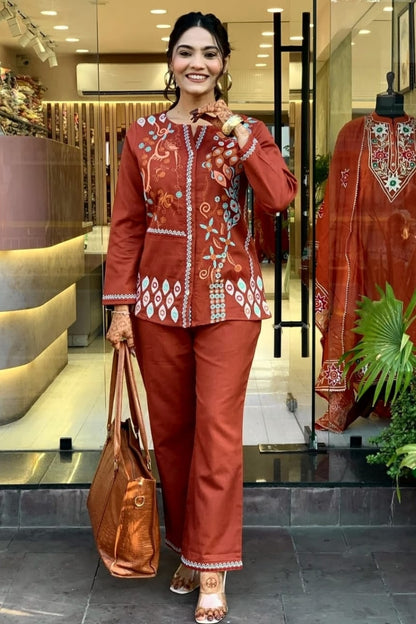 Unique Floral Embroidered Cotton Brown Co-Ord Set For Women