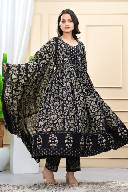 Unique Mirror Work Printed Black Kurta Set For Women