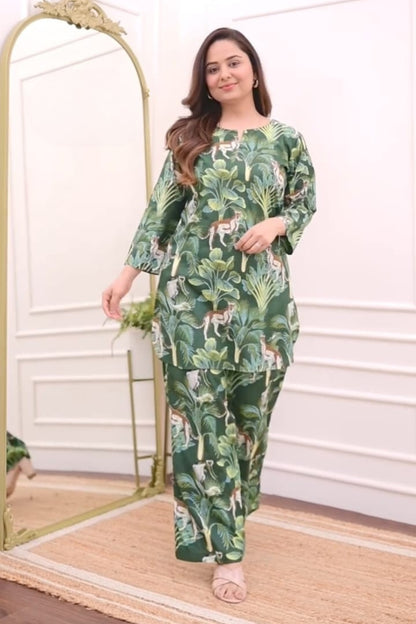 Green Floral Pattern Cotton Co-Ord Set For Women
