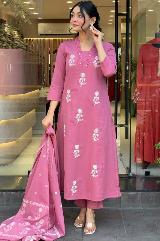 Cotton Flower Printed Straight Kurta Set for Women