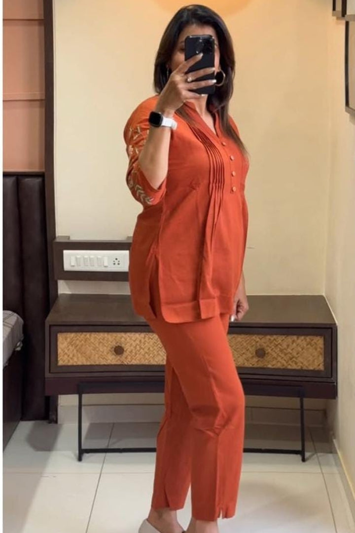 Orange Flower Embroidered Cotton Co-Ord Set For Women