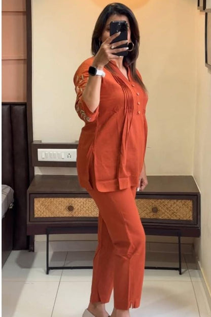Orange Flower Embroidered Cotton Co-Ord Set For Women